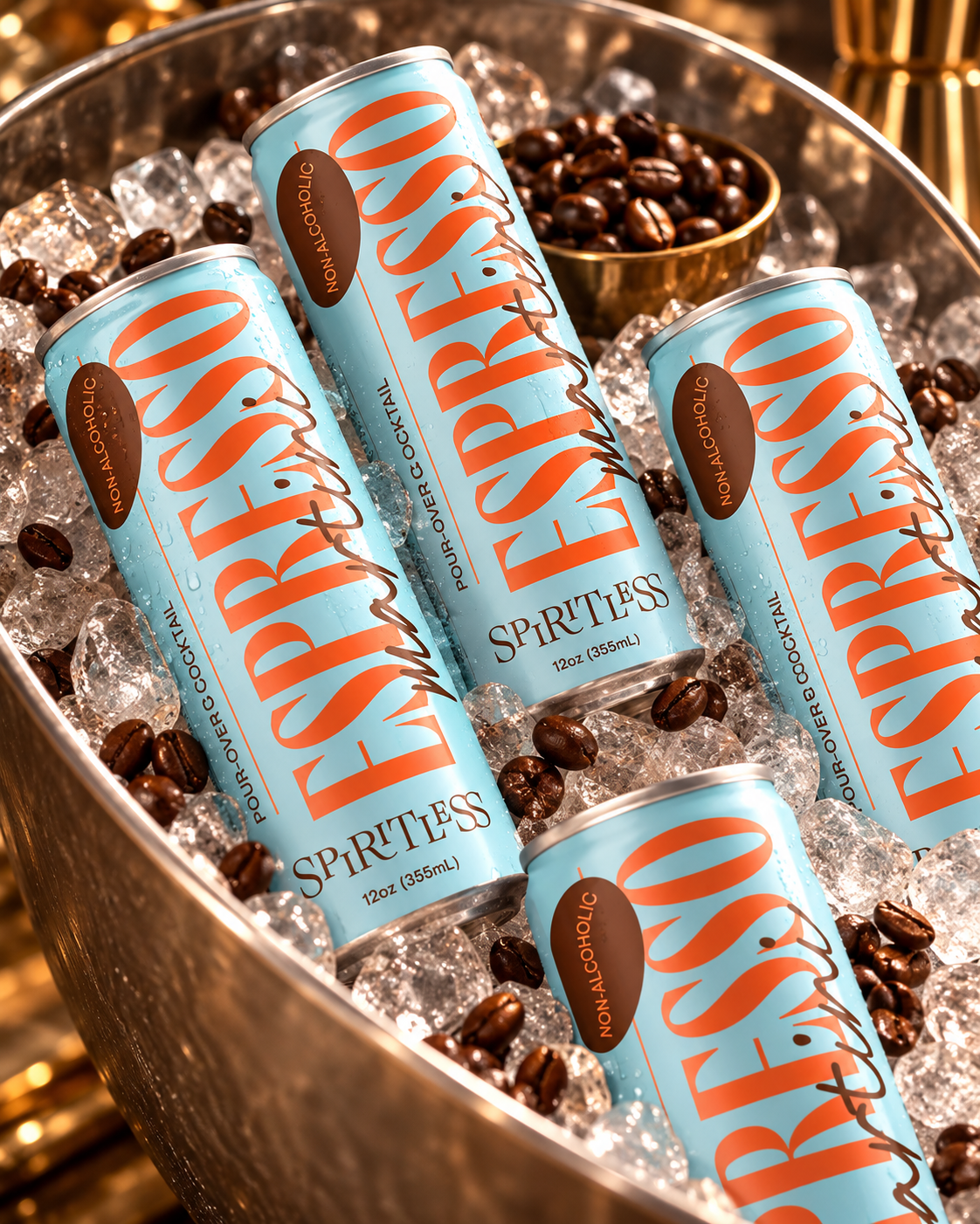 Spiritless Espresso Martini cans chilling on ice with coffee beans