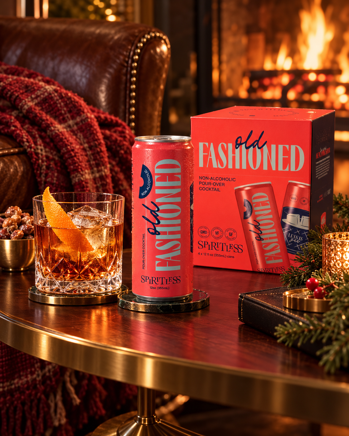 Spiritless non-alcoholic Old Fashioned in its new red-orange can and four-pack, served in a crystal rocks glass with an orange peel by a fireplace